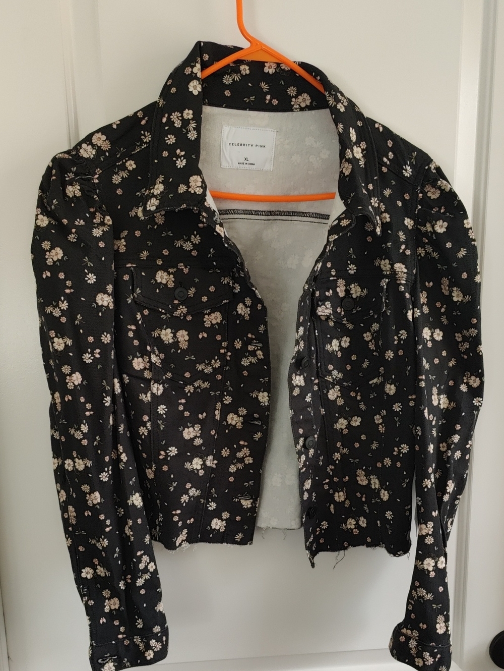 Celebrity Pink Black Floral Jean Jacket with Cream Blooms NWT